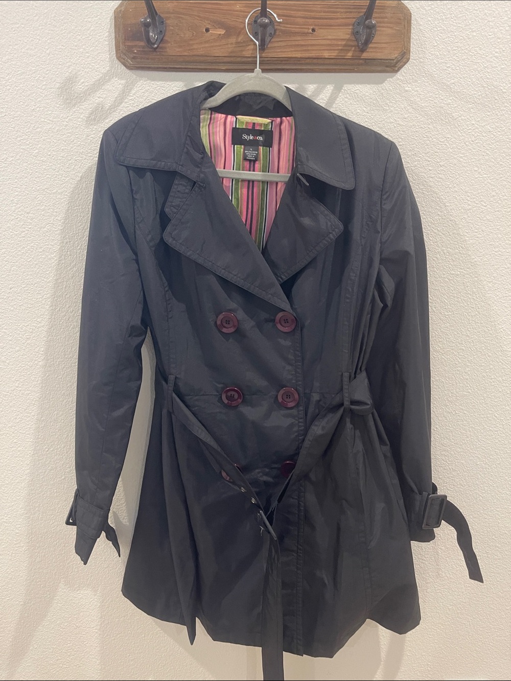 Style & Co. Black Double-Breasted Trench with Tie Waist